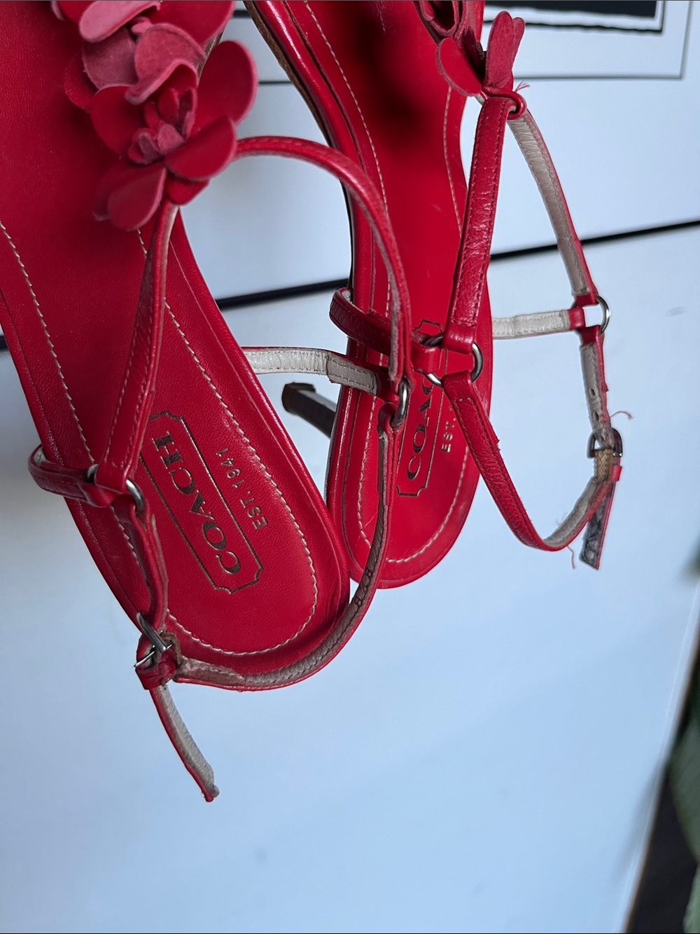 COACH Red Floral Appliqué T-Strap Sandals - Picture 4 of 7